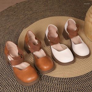 Klänningskor Spring och Autumn Vintage Style Low Heel Mary Jane Soft Leather Elastic Belt Single Art Small