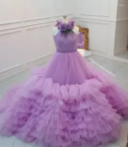 Flickaklänningar lavendelblomma klänning för bröllopsfest med tiered tyll 3d blommor liten prinsessa födelsedagstävling klänning