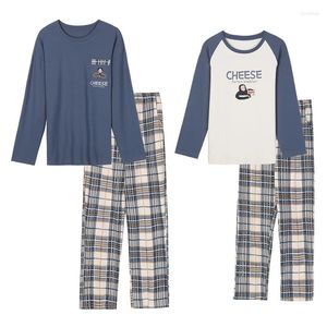 Men's Sleepwear Blue Checkered Couple's Pajamas With Round Neck And Raglan Sleeves All Cotton Spring Autumn Men Women's