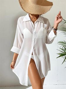 Casual Dresses White Shirt Swim Suit Cover Up Sarong 2024 Beachwear Long Sleeve Turn Down Collar Loose Tunic Pareo De Plage Beach Ups