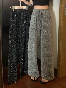 Sparkling wide leg pants for women in spring 2024, new silver hot diamond casual pants, loose and versatile straight leg drape pants