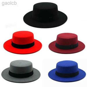 Chapéus de aba larga Bucket Chapéus Nova Máquina de Remo de Lã Womens Flat Top Hat Vintage Estilo Britânico Chapéu Fedora de Aba Larga Outono Jazz Chapéu Clássico Bowling Player 24323