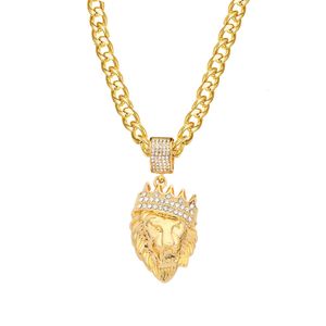 Collana in acciaio inossidabile con corona di leone e testa a catena, ghiacciata, color oro, collana animale per uomo, gioielli hip-hop, goccia 240323