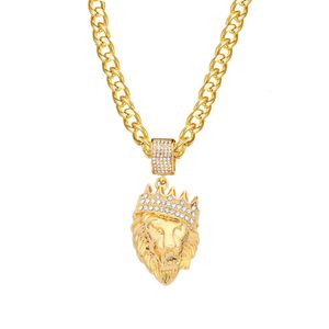 Edelstahl Krone Löwe Kette Kopf Anhänger Iced Out Bling Gold Farbe Tier Halskette für Männer Hip Hop Schmuck Tropfen 240323