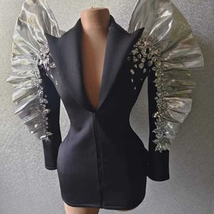 Ocstrade Fall 2023 Women Long Ruched Sleeve Zipper Coat Womens Blazer Jacket Concert Performance Rhinestone for