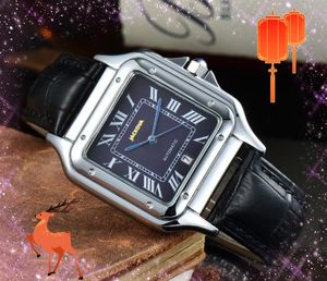 Square Roman Tank Dial Automatic Date Men Watches Luxury Fashion Mens Black Brown Leather Band Quartz Movement Clock Set Auger Famous Dwellers Wristwatch Gifts