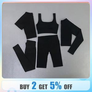Seamless Ribbed Yoga Sets Workout for Women 5 Pieces Gym Suits Crop Tank High Waist Shorts Outfits Fitness Running 240306