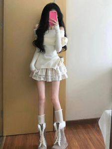 Work Dresses 2024 Winter Off Shoulder Sexy Sweater Blouse Casual Lace Mini Cake Skirt Korean Fashion Knitted Suit Elegant Clothing Woman