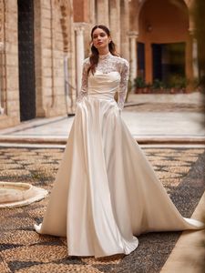 Elegante gola alta a linha vestidos de casamento para mulheres apliques de renda com bolso vestido de casamento botão voltar robe de mariee manga longa