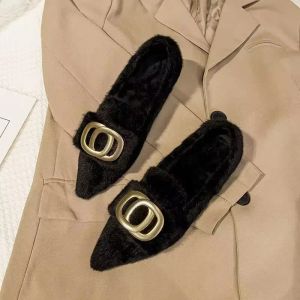 Loafers 2023 New Winter Mink Hair Flat Shoes Sweet Metal Decoration Design Korean Version of Leisure Office Warm for Women's Shoes