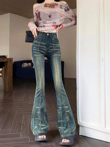 Kadınlar Kot 2024 Gerekçeli Y2K İşlemeli Fişekler Punk İnce Flare Pantolon Kadınlar için 90'lar Vintage Giysiler Harajuku Moda Lady Old Pantolon