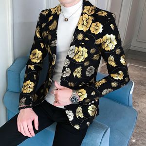 Män gyllene blommor tryck blazers höst formell klänning smoking tuxedo casual slim fit kostym jacka / högkvalitativa mode män kläder 240309