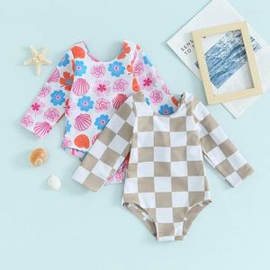 Women's Swimwear Baby Girl Long Sleeve Swimsuit V Neck Front Knotted Tree Flower Rash Guard Infant Toddler Little Bathing Suit