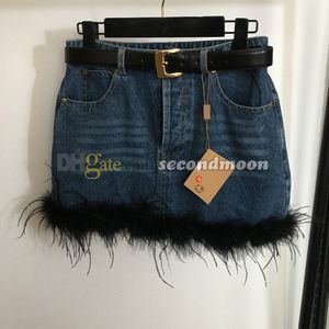 Sexy Fitted Skirts Women Fashion Feather Skirt Summer Breathable Denim Skirt with Designer Belt