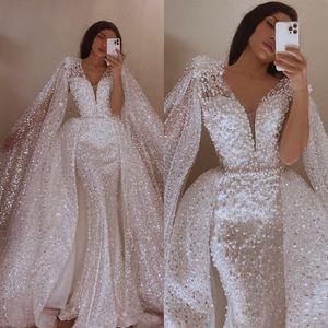 Lüks Denizkızı Gelinlik V Boyun Kolsuz Gelinlik Sequins İnci Çıkarılabilir Tren Elbiseleri Özel Yapımı Vestidos de Novia