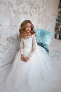 Girl Dresses Tull Boat Neck Flower Dress With Full Sleeves Ivory White Lace Girls First Communion Gown Junior Bridesmaid Bow