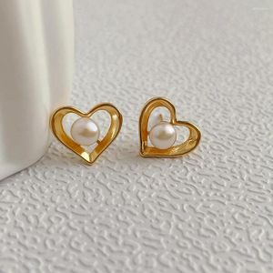 Dangle Earrings Minar Korean Style Freshwater Pearl Hollow Out Love Heart for Women Real Goldメッキ銅ホリデージュエリー
