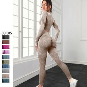 Set da yoga senza cuciture Abbigliamento da allenamento per donna Abbigliamento da palestra Abbigliamento da palestra Manica lunga Crop Top Leggings a vita alta Fitness Tute sportive 240312