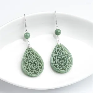 Dingle örhängen 925 Silver Natural Green Jadeite Carved Hollow Flower Drop Lucky Earring Certificate Luxury Jade Bridal Party Jewelry