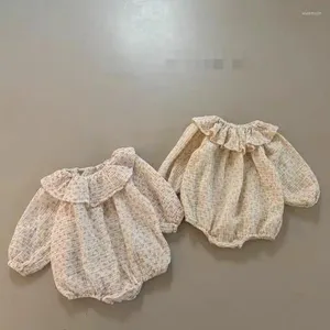 Macacão 2024 outono bebê manga longa bodysuit infantil menina bonito floral babados colarinho macacão de algodão linho roupas de criança 0-24m