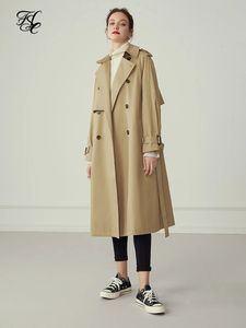Fsle 100 ٪ Cotton khaki Long Women Trench Coat Autumn Winter Rown Reclar Comply Coreal Comple Sleeve Belt 240309