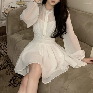 Sıradan Elbiseler 2024 İlkbahar Kore Pileli Düz Renkli Şifon Uzun kollu A-line Elbise Kadın Seksi İnce Kaşa Kırışıklık İki Parça Takım