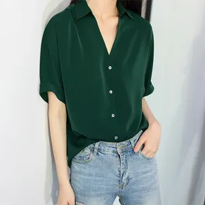 Женские блузки 2024, модная зеленая рубашка, женская блузка с v-образным вырезом и коротким рукавом, молодежные и элегантные женские топы, свободная женская одежда, повседневные рубашки