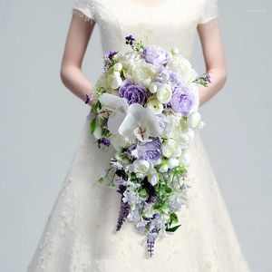 Wedding Flowers White Purple Waterfall Bridal Bouquet Artificial Orchid Cascading Rose Green Peony Holding 2024