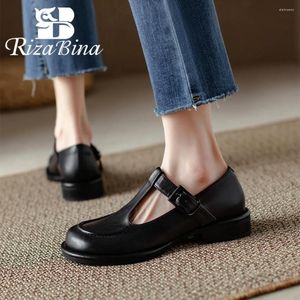 Casual Shoes Rizabina äkta läderkvinnor Flat loafers retrotbunden rund tå låg klackar dambältet spänne grunt kontor