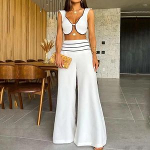 Zweiteilige Damenhose, Damenhose mit weitem Bein, stilvolles Crop-Top-Set mit tief ausgeschnittenem V-Ausschnitt, ärmelloses Design, hohe Taille, weites Bein für den Sommer