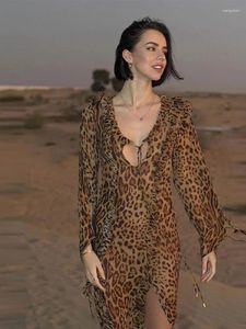 Vestidos casuais sexy v-pescoço leopardo impressão babados vestido mulheres fenda manga longa rendas até feminino 2024 primavera verão chique chiffon robe