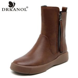 Botas drkanol moda apartamentos intermediários Botas de bezerro Mulheres 2022 Botas de tornozelo de couro PU de alta qualidade para mulheres outono inverno botas quentes