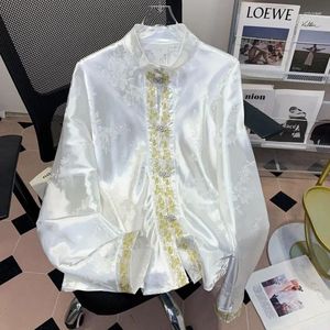 女性のブラウスYcmyunyan-Satinチャイニーズスタイルの女性のためのシルク刺繍ビンテージ服ルーズフローラルトップス春と夏