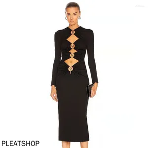 Vestidos casuais mulheres manga longa ferro hoop oco preto bandagem vestido sexy roupas