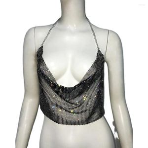 Women's Tanks Ladies Hollow Out Open Back Mesh Crop Top Outfit 2024 Black Glitter Rhinestone Fishnet