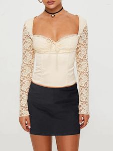 Blusas femininas de renda esbelta tops florais de manga comprida no pescoço do pescoço dianteiro