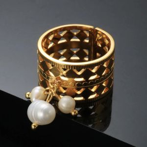 Trendy Natural Freshwater Pearl Opening Adjusting Square Rings For Women Men 14k Yellow Gold Golden Couples Hollow Ring Jewelry