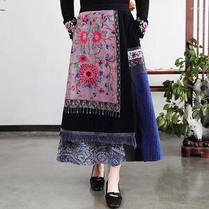 Saias Étnicas Harajuku Bordado Patchwork A-Linha Saia Mulheres Estilo Chinês Vintage Long Cintura Elástica