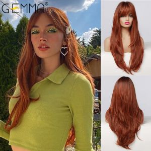 Peruker Gemma Long Straight Ombre Black Orange Wine Red Wig With Bangs Syntetiska peruker för kvinnor Värmesbeständiga skiktade cosplay dagligen peruk