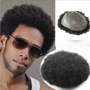 Toupees Dålig hudbas 6mm Afro Curl Mens Brasilianska Human Hair Toupee For African America Black Mens Natural Hair Replacement System