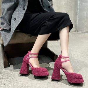 Dress Shoes Mary Jane Winter Short Plush Solid Platform For Women Ladies High Heels Elegant Round Toe Fashion Pumps Party