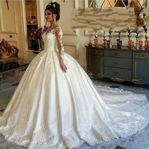 Mangas compridas de luxo vestidos de noiva de cetim muçulmanos 2020 vestido de bola de noiva, vestido de casamento mariee vestido de casamento TRESS VESTIDOS DE BODA