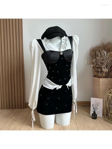 Vestidos de trabalho femininos, conjunto de 2 peças, saia linha a, mini blusas, top crop, gyaru, ocasião formal, elegância francesa, design feminino de escritório