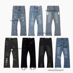 23SS Top Craft Мужские джинсы Дизайнерские ретро-модные уличные джинсы с рваными дырками Брюки с масляной краской и брызгами чернил