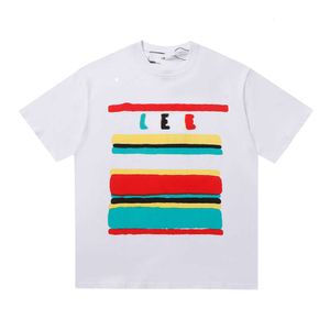 Designer de luxo Chaopai Classic 2023ss primavera / verão novo arco-íris listrado carta impressão masculina e feminina solta em torno do pescoço de manga curta T-shirt