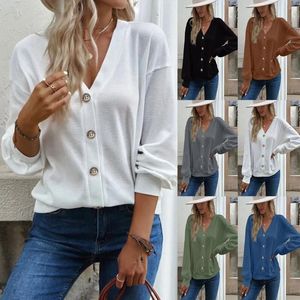 Women's Knits A Autumn Winter Women Long Sleeve T-shirts Solid Button Front V Neck Cardigan Femme Korean Fashion Vintage Knit Soft Girls Top