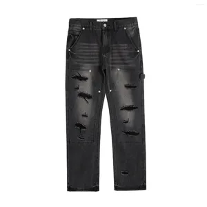 Men's Jeans High Street Distressed Black Hole Washed Destroyed Casual Ripped Logging Pants Straight Wide Leg Denim For Men