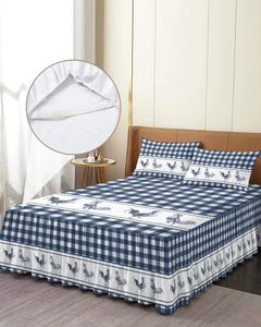 Sängkjol Farm Plaid Rooster Watercolor Retro Elastic Fitted Bed Steread With Pillow Cases Madrass Cover Bedding Set Sheet