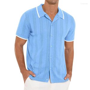 Camisas casuais masculinas vintage malhas estilo praia manga curta abotoada lapela malha cardigan camisa masculina verão moda malha