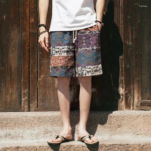 Mäns shorts 2024 Summer Thin Floral Lace-up Retro Etnisk stil Bomullslinne Löst tryckt strand